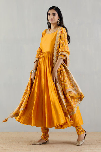 Punit Balana Mustard Anarakli With Printed Dupatta And Chudidar festive indian designer wear online shopping melange singapore