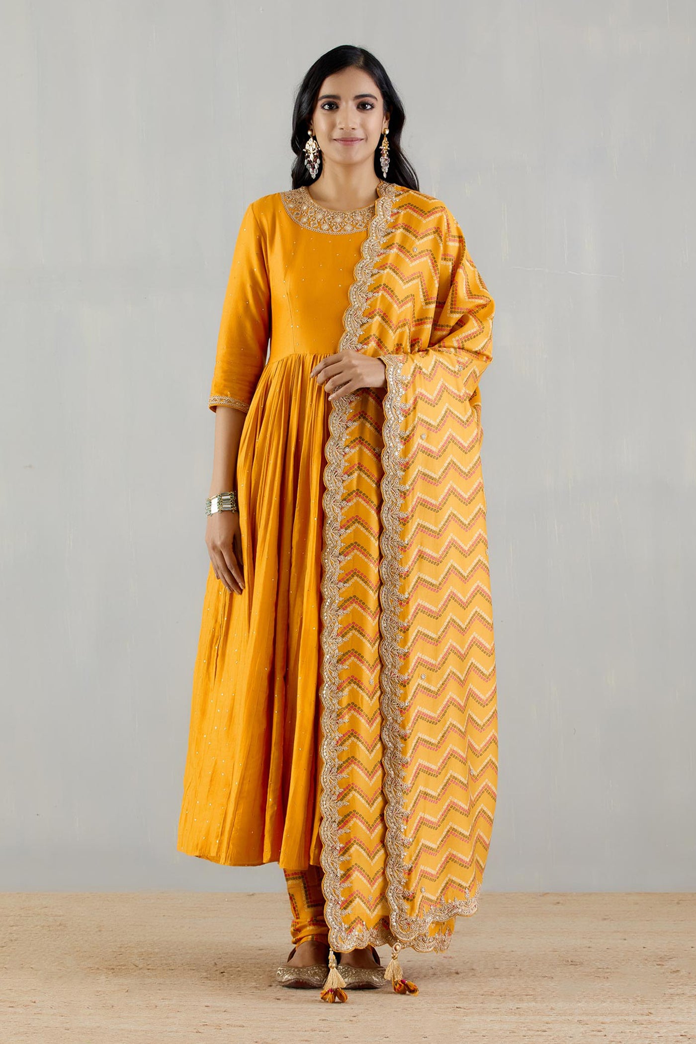 Punit Balana Mustard Anarakli With Printed Dupatta And Chudidar festive indian designer wear online shopping melange singapore