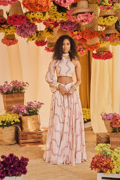 Punit Balana Blush Pink Printed One Sleeve Top With Skirt festive fusion indian designer wear online shopping melange singapore