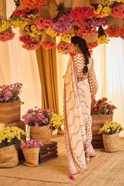 Punit Balana Blush Pink Printed Saree With Cuff Sleeve Blouse festive indian designer wear online shopping melange singapore