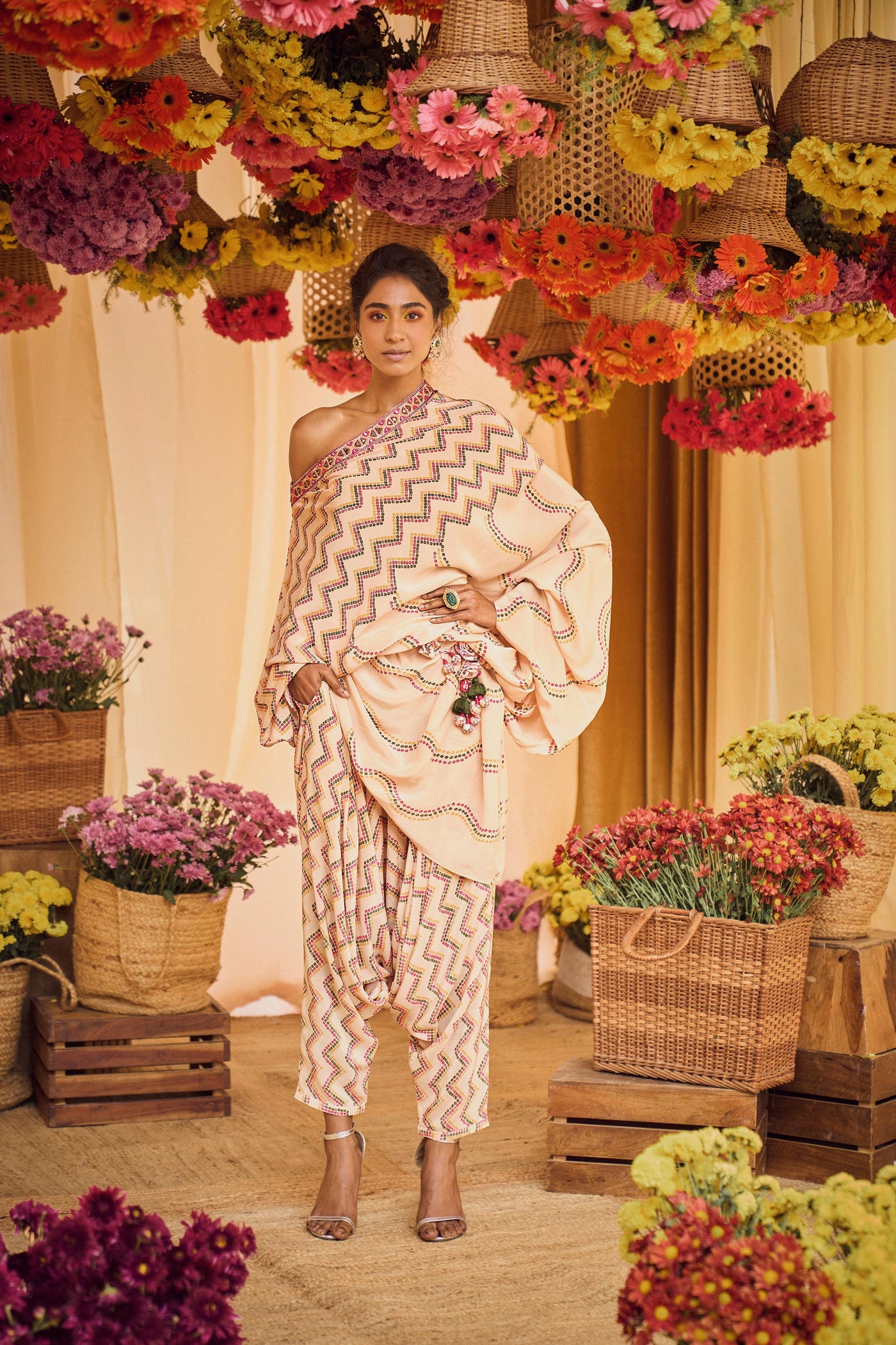 Punit Balana Blush Pink Printed Tunic With Cowl Pants indian designer wear online shopping melange singapore