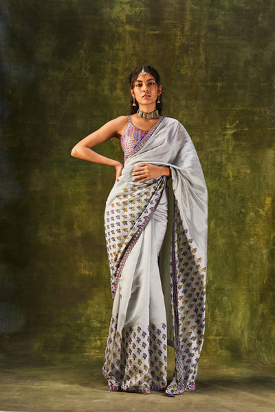 punit Balana Grey Printed Cutwork Saree With Strappy Blouse festive indian designer wear online shopping melange singapore