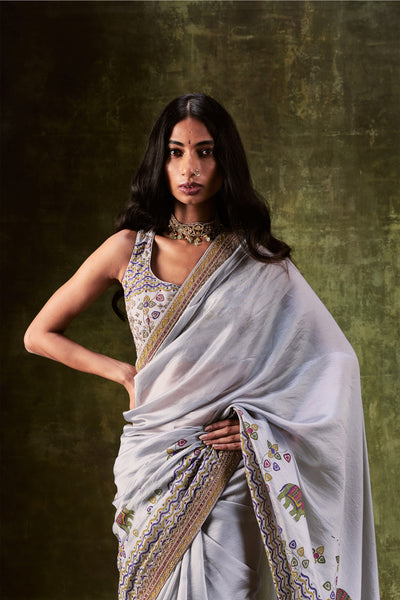Punit Balana Grey Printed Dori & Zardozi Work Saree festive indian designer wear online shopping melange singapore