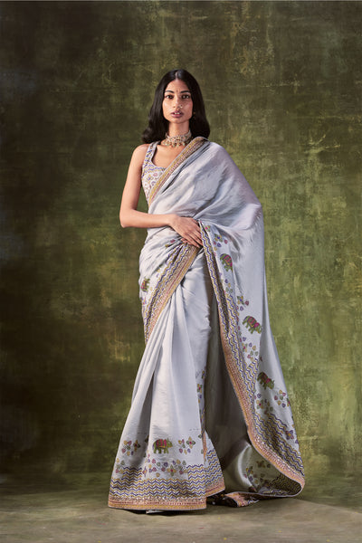 Punit Balana Grey Printed Dori & Zardozi Work Saree festive indian designer wear online shopping melange singapore