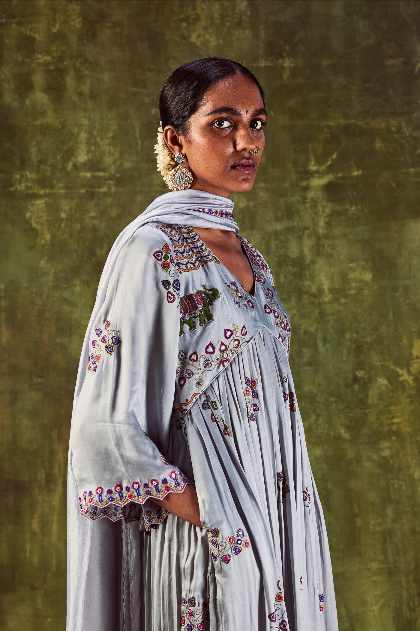 Punit Balana Grey Printed Front Gather Anarkali festive indian designer wear online shopping melange singapore
