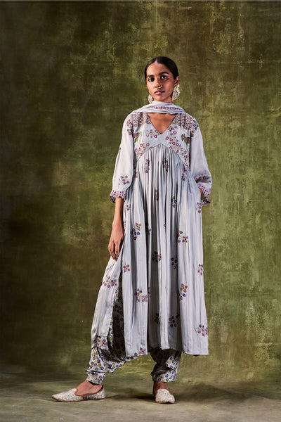 Punit Balana Grey Printed Front Gather Anarkali festive indian designer wear online shopping melange singapore