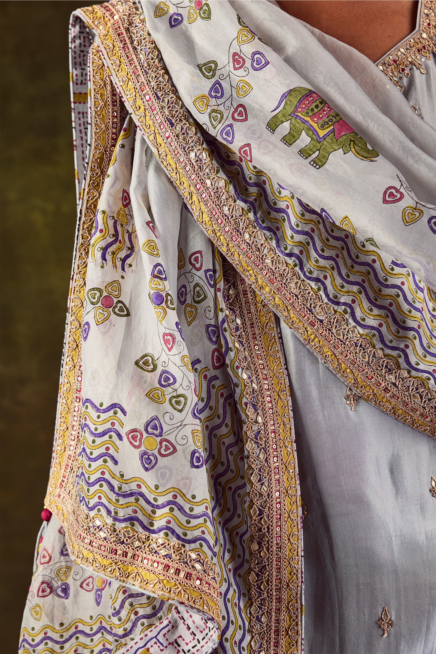 Punit Balana Grey Printed Gota & Marodi Kurta Set with Dupatta & Cowl Pants festive indian designer wear online shopping melange singapore