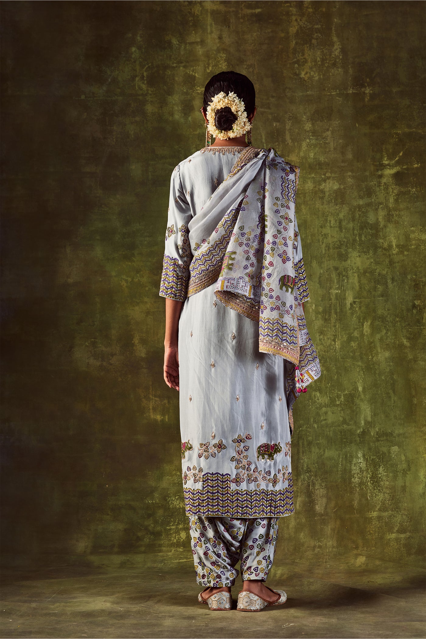 Punit Balana Grey Printed Gota & Marodi Kurta Set with Dupatta & Cowl Pants festive indian designer wear online shopping melange singapore