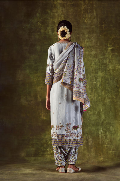 Punit Balana Grey Printed Gota & Marodi Kurta Set with Dupatta & Cowl Pants festive indian designer wear online shopping melange singapore