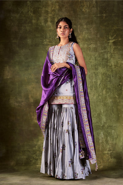 Punit Balana Grey Printed Kurti Paired With Gharara & Dupatta festive indian designer wear online shopping melange singapore