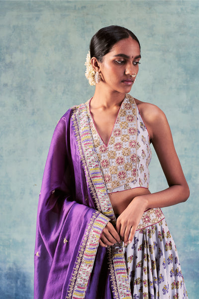 Punit Balana Grey Printed Lehenga Paired With Halter Neck blouse & Dupatta festive indian designer wear online shopping melange singapore