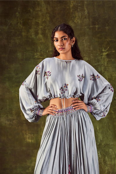 Punit Balana Grey Satin Silk Loose Top With Crush Skirt online shopping melange singapore indian designer wear
