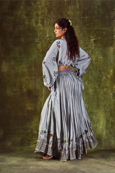 Punit Balana Grey Satin Silk Loose Top With Crush Skirt online shopping melange singapore indian designer wear