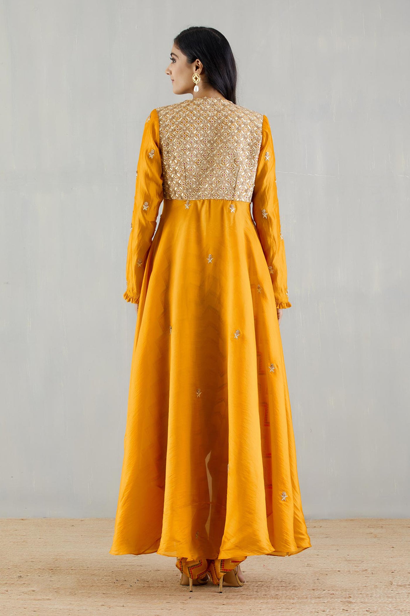 Punit Balana Mustard Embellished Organza Cape With Bralette And Cowl Pants festive indian designer wear online shopping melange singapore