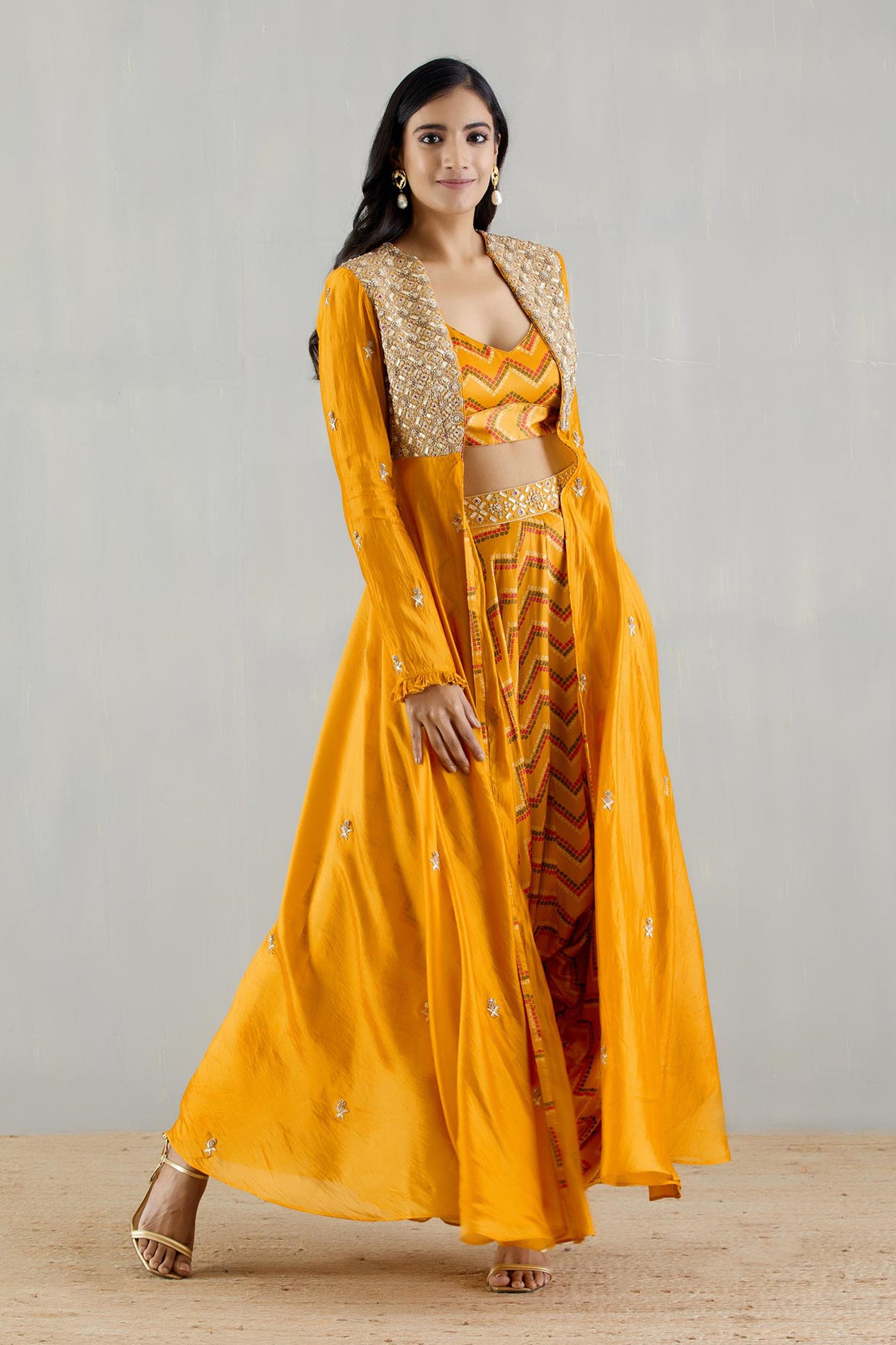 Punit Balana Mustard Embellished Organza Cape With Bralette And Cowl Pants festive indian designer wear online shopping melange singapore