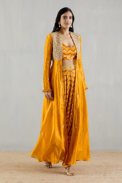 Punit Balana Mustard Embellished Organza Cape With Bralette And Cowl Pants festive indian designer wear online shopping melange singapore