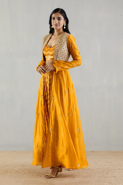 Punit Balana Mustard Embellished Organza Cape With Bralette And Cowl Pants festive indian designer wear online shopping melange singapore