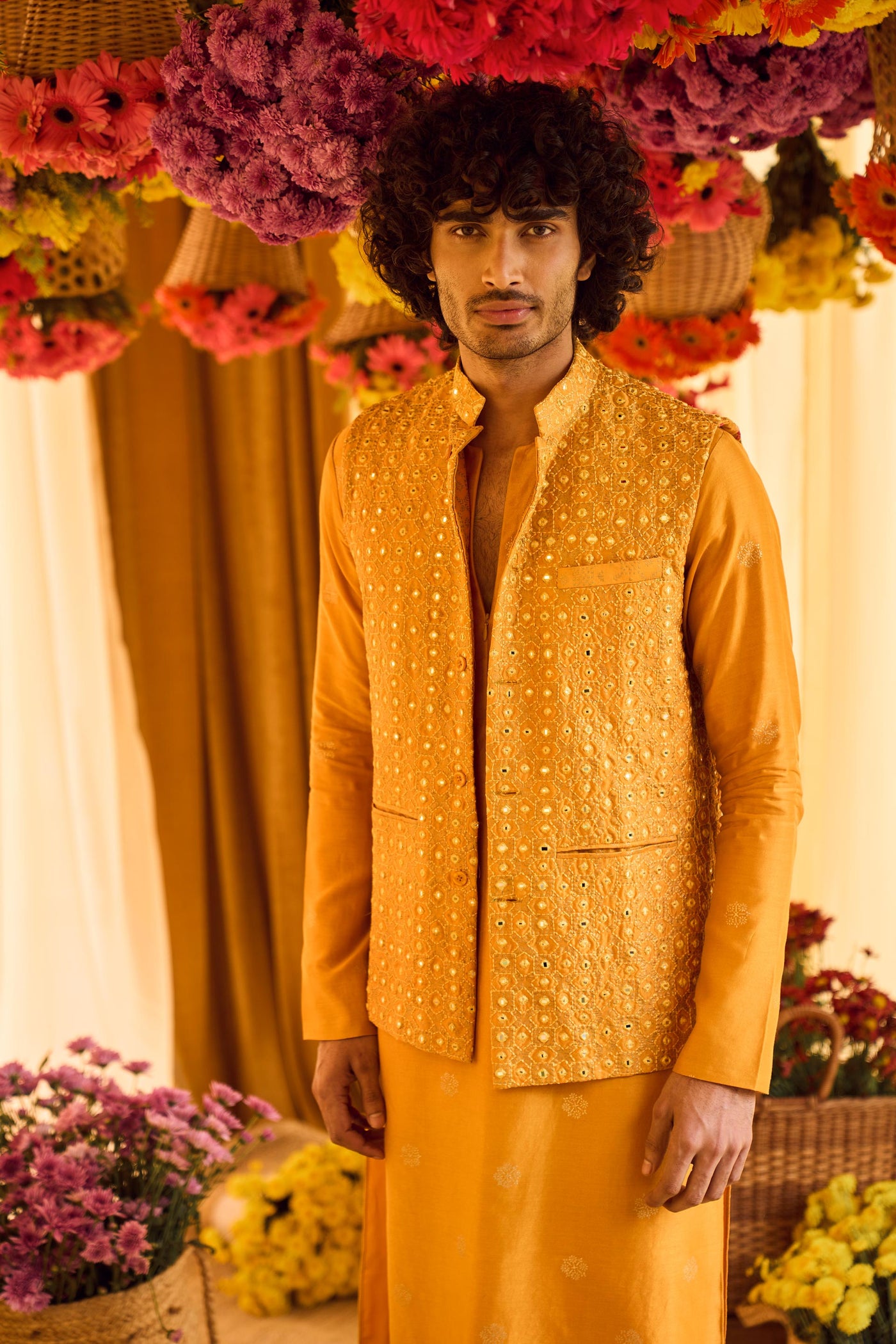 Punit Balana menswear Mustard Kurta Chudidar With Fully Embellished Bandi festive indian designer wear online shopping melange singapore