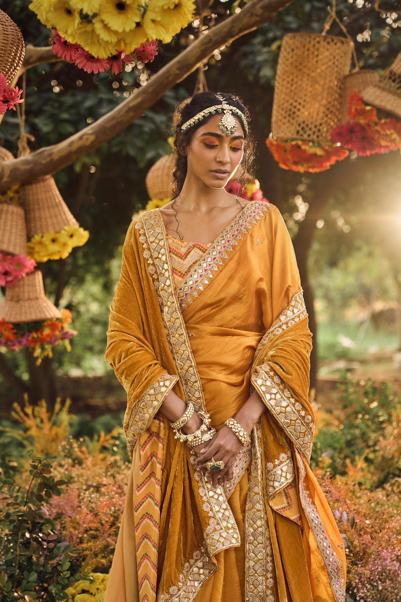 Punit Balana Mustard Organza Silk Saree With Embellished Blouse mustard yellow festive wedding indian designer wear online shopping melange singapore