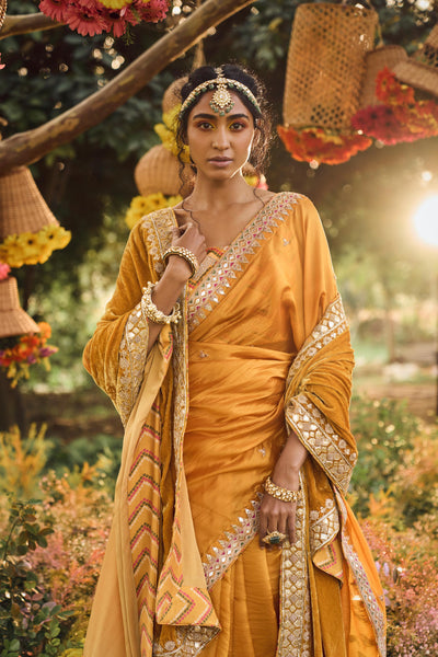 Punit Balana Mustard Organza Silk Saree With Embellished Blouse mustard yellow festive wedding indian designer wear online shopping melange singapore