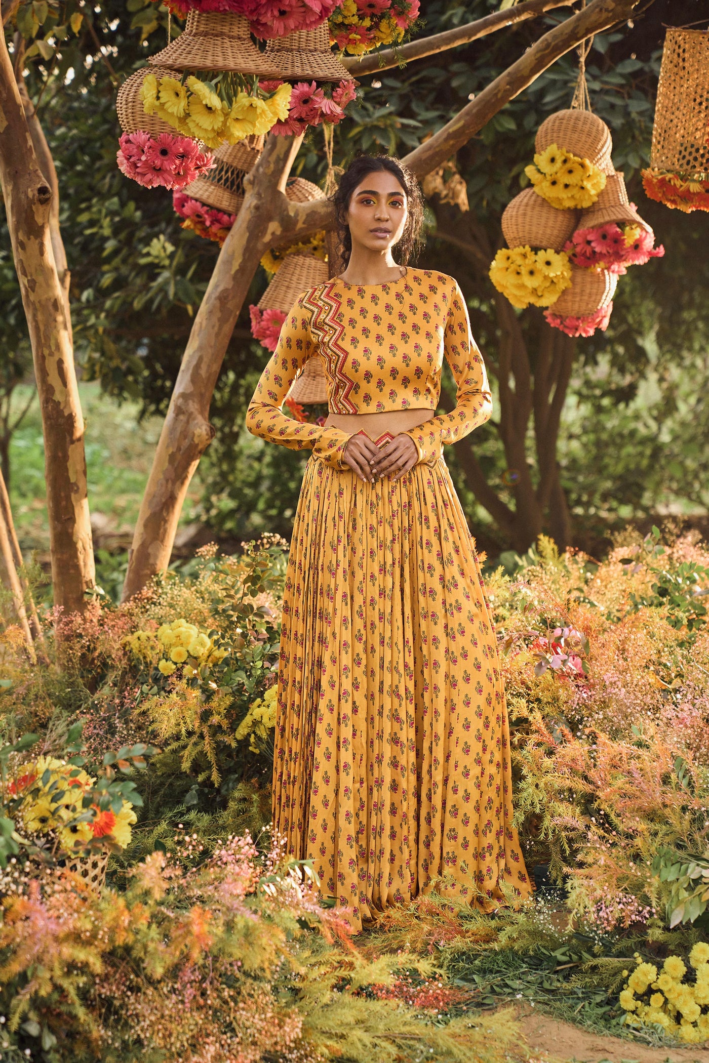 Punit Balana Printed Crop Top With Skirt mustard festive wedding indian designer wear online shopping melange singapore