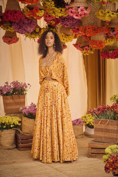 Punit Balana Mustard Printed Crop Top With Skirt mustard festive wedding indian designer wear online shopping melange singapore