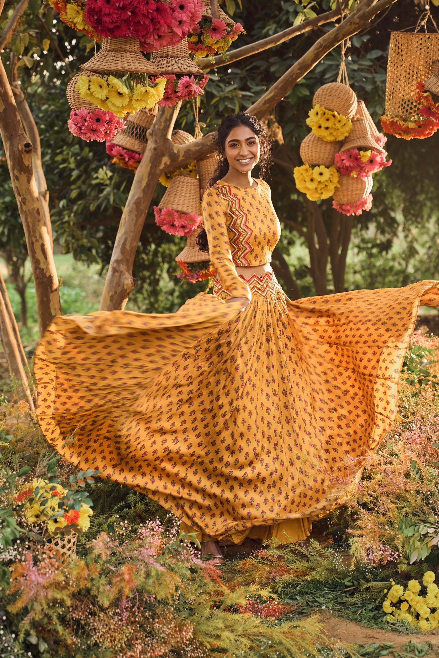 Punit Balana Printed Crop Top With Skirt mustard festive wedding indian designer wear online shopping melange singapore
