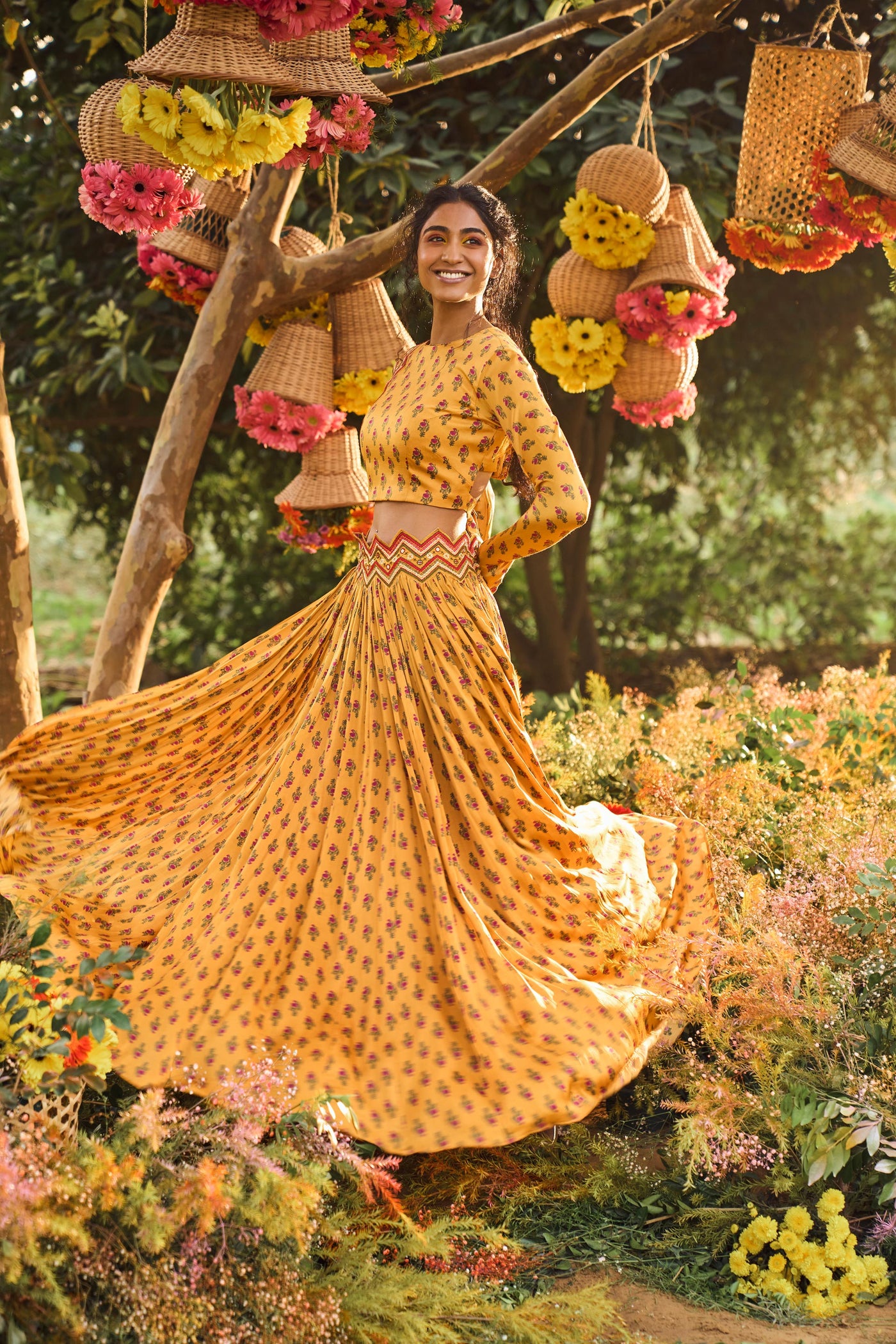 Punit Balana Printed Crop Top With Skirt mustard festive wedding indian designer wear online shopping melange singapore