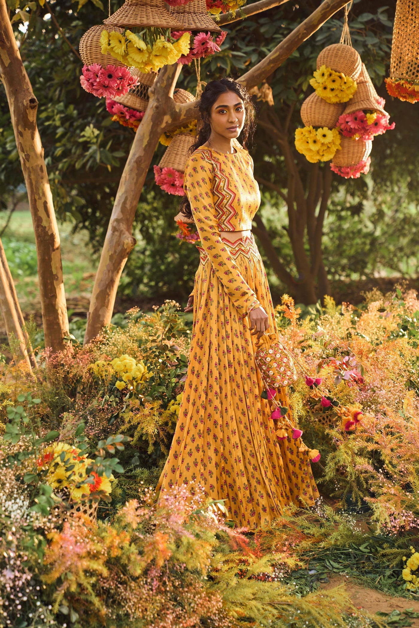 Punit Balana Printed Crop Top With Skirt mustard festive wedding indian designer wear online shopping melange singapore