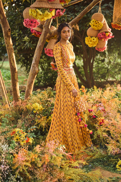 Punit Balana Printed Crop Top With Skirt mustard festive wedding indian designer wear online shopping melange singapore