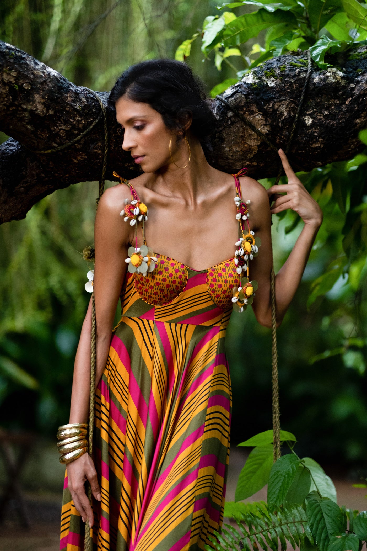 Punit Balana Mustard Printed Dress With Tassels western indian designer wear online shopping melange singapore