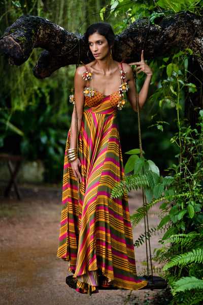 Punit Balana Mustard Printed Dress With Tassels western indian designer wear online shopping melange singapore