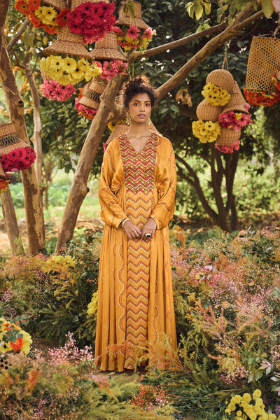 Punit Balana Mustard Printed Dress festive indian designer wear online shopping melange singapore