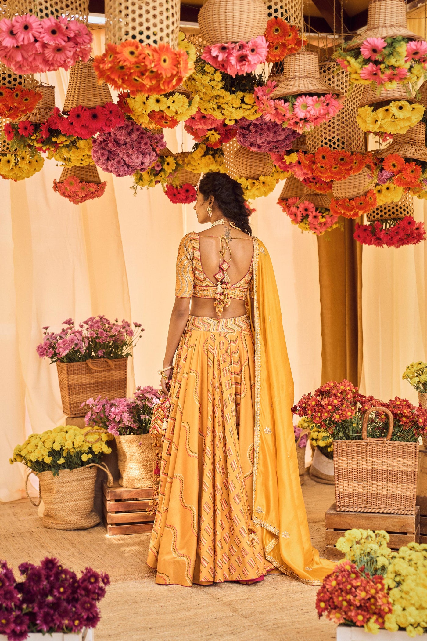 Punit Balana Mustard Printed Lehenga With Heavy Blouse And Organza Silk Dupatta mustard festive wedding indian designer wear online shopping melange singapore