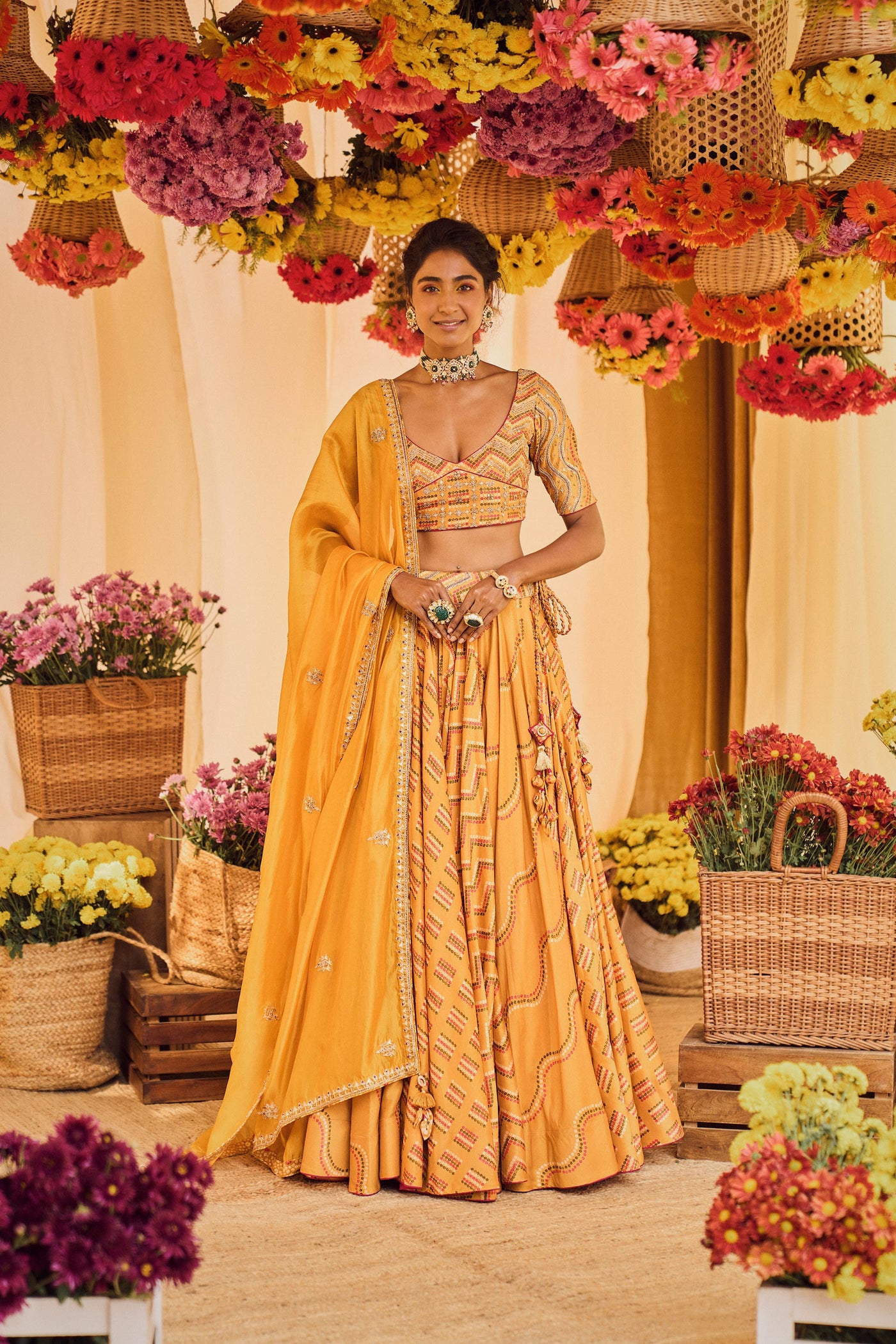 Punit Balana Mustard Printed Lehenga With Heavy Blouse And Organza Silk Dupatta mustard festive wedding indian designer wear online shopping melange singapore