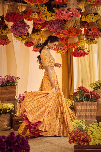 Punit Balana Mustard Printed Lehenga With Heavy Blouse And Organza Silk Dupatta mustard festive wedding indian designer wear online shopping melange singapore