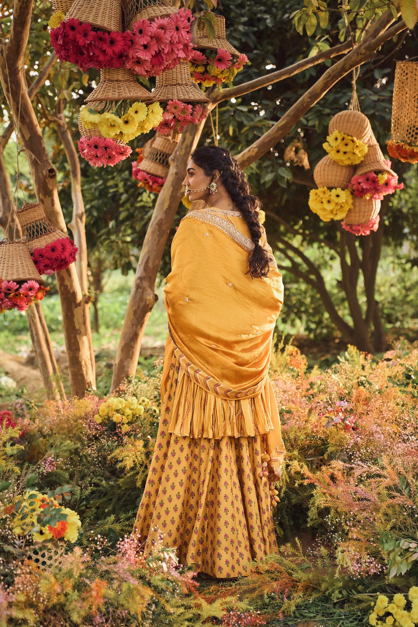 Punit Balana Mustard Printed Long Anarkali With Angrakha Jacket And Organza Silk Dupatta mustard festive wedding indian designer wear online shopping melange singapore