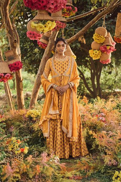 Punit Balana Mustard Printed Long Anarkali With Angrakha Jacket And Organza Silk Dupatta mustard festive wedding indian designer wear online shopping melange singapore