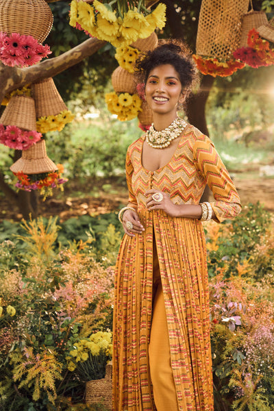 Punit balana Mustard Printed Maxi Dress With Pants mustard festive indian designer wear online shopping melange singapore