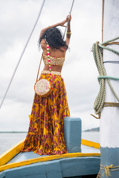 Punit Balana Mustard Printed Skirt With Bralette fusion festive indian designer wear online shopping melange singapore