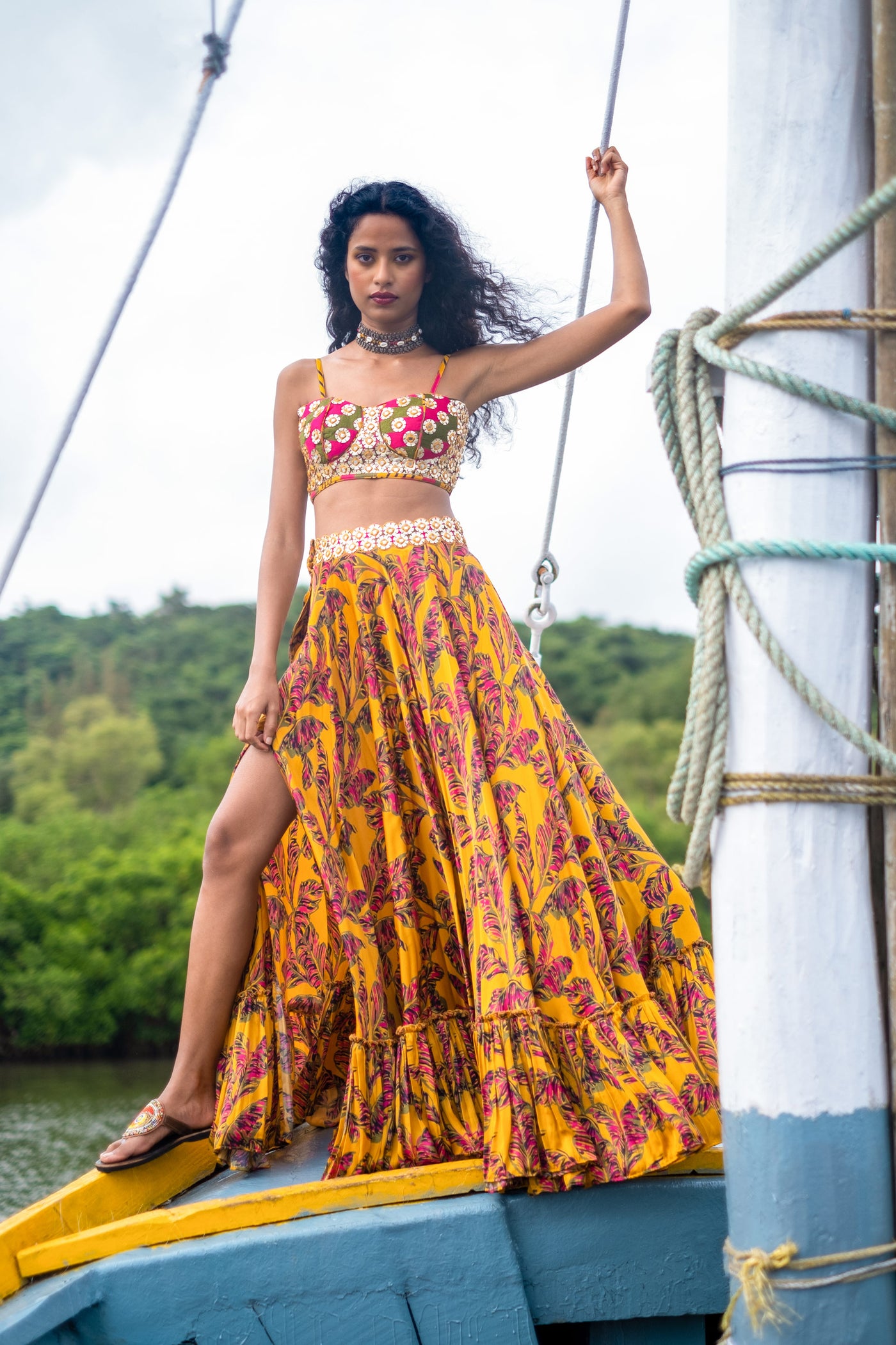 Punit Balana Mustard Printed Skirt With Bralette fusion festive indian designer wear online shopping melange singapore
