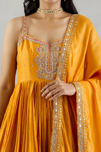 Punit Balana Mustard Strappy Kurta With Printed Gharara And Organza Silk Dupatta festive indian designer wear online shopping melange singapore