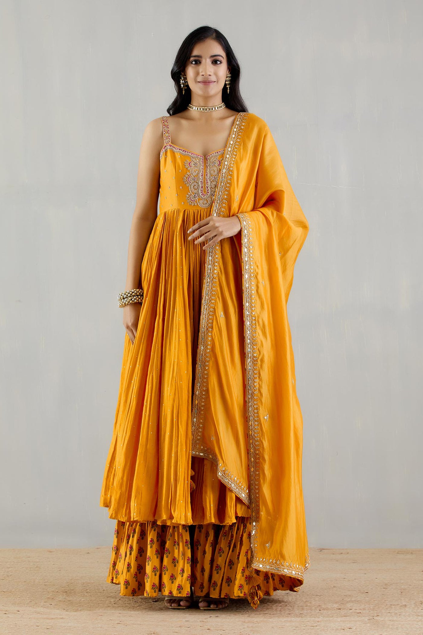 Punit Balana Mustard Strappy Kurta With Printed Gharara And Organza Silk Dupatta festive indian designer wear online shopping melange singapore