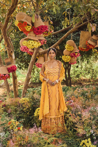 Punit Balana Mustard Strappy Kurta With Printed Gharara And Organza Silk Dupatta mustard festive wedding indian designer wear online shopping melange singapore