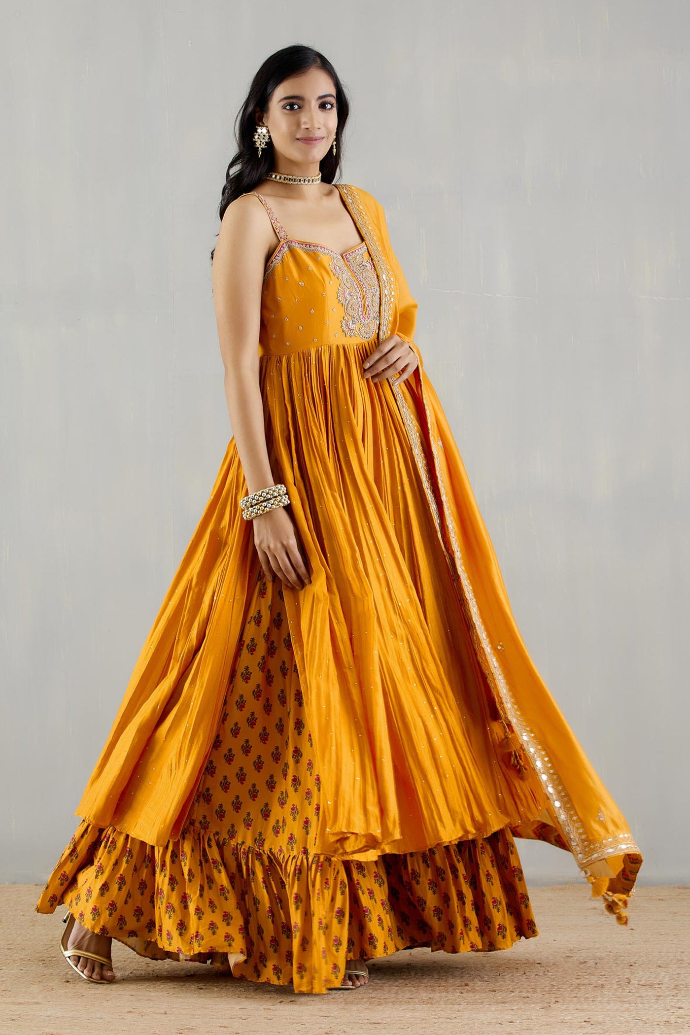 Punit Balana Mustard Strappy Kurta With Printed Gharara And Organza Silk Dupatta festive indian designer wear online shopping melange singapore