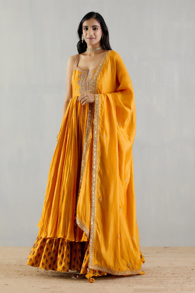 Punit Balana Mustard Strappy Kurta With Printed Gharara And Organza Silk Dupatta festive indian designer wear online shopping melange singapore