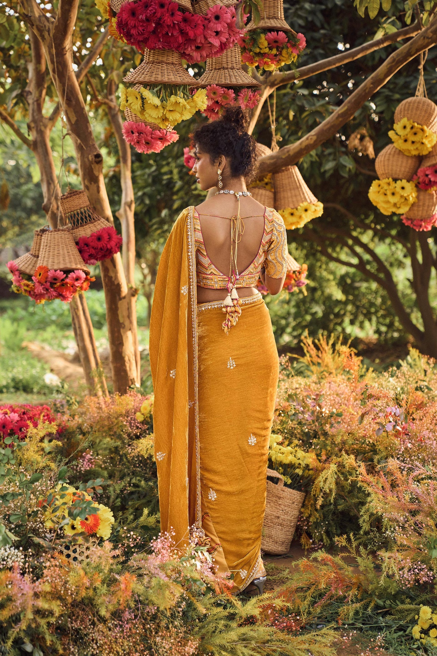 Punit Balana Mustard Velvet Palla Saree With Heavy Blouse mustard festive wedding indian designer wear online shopping melange singapore