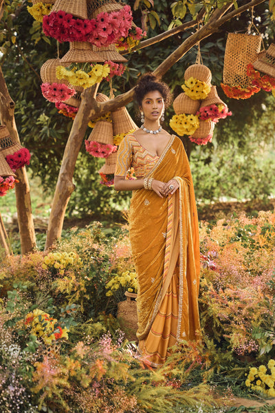 Punit Balana Mustard Velvet Palla Saree With Heavy Blouse mustard festive wedding indian designer wear online shopping melange singapore