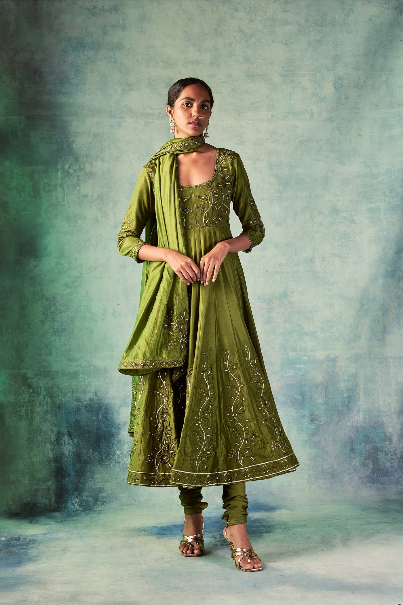 Punit Balana Olive Green Resham & Leather Work Anarkali Set festive indian designer wear online shopping melange singapore