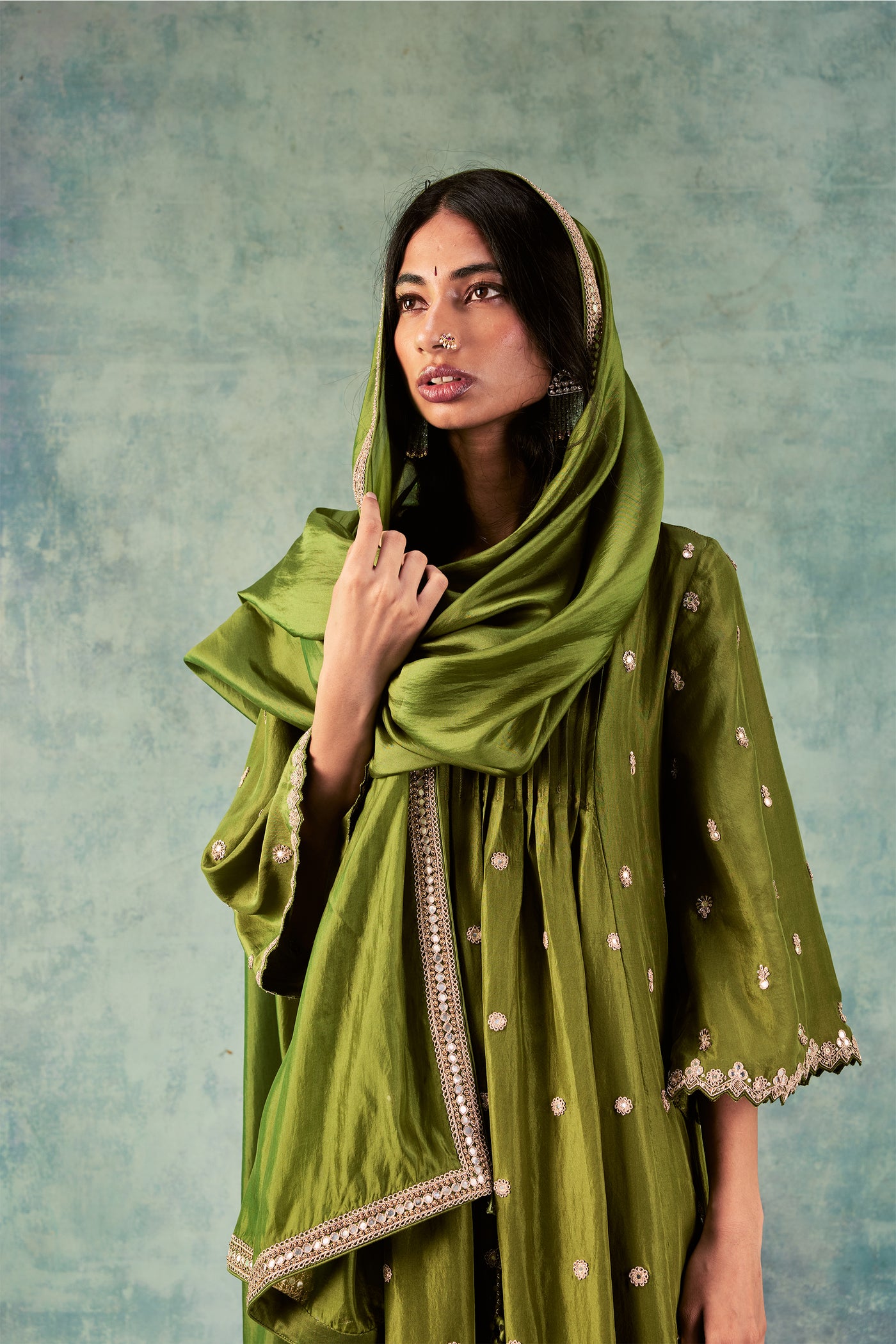 Punit balana Olive Green Silk Anarkali Set festive indian designer wear online shopping melange singapore